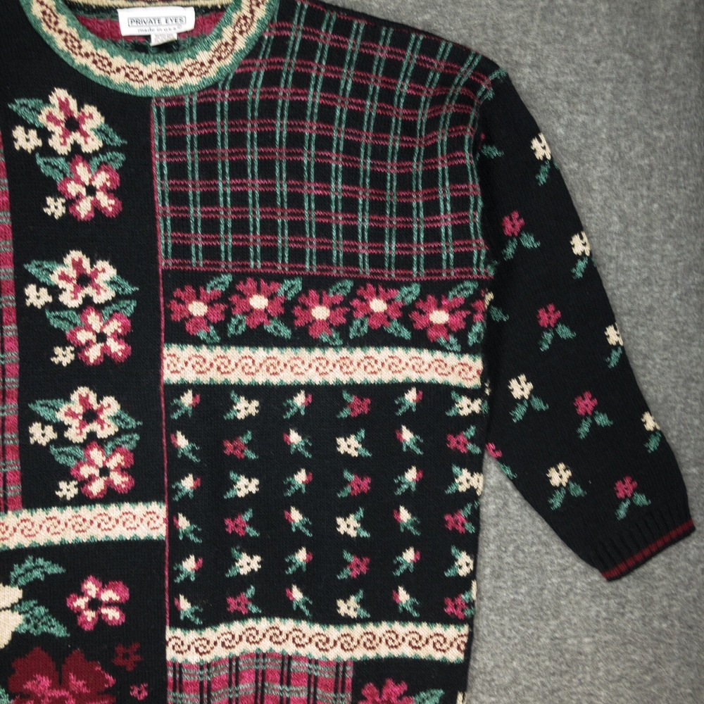 Vintage Private Eyes Sweater Black Floral Tunic Women's Size XL Cottagecore 80s - Picture 3 of 11